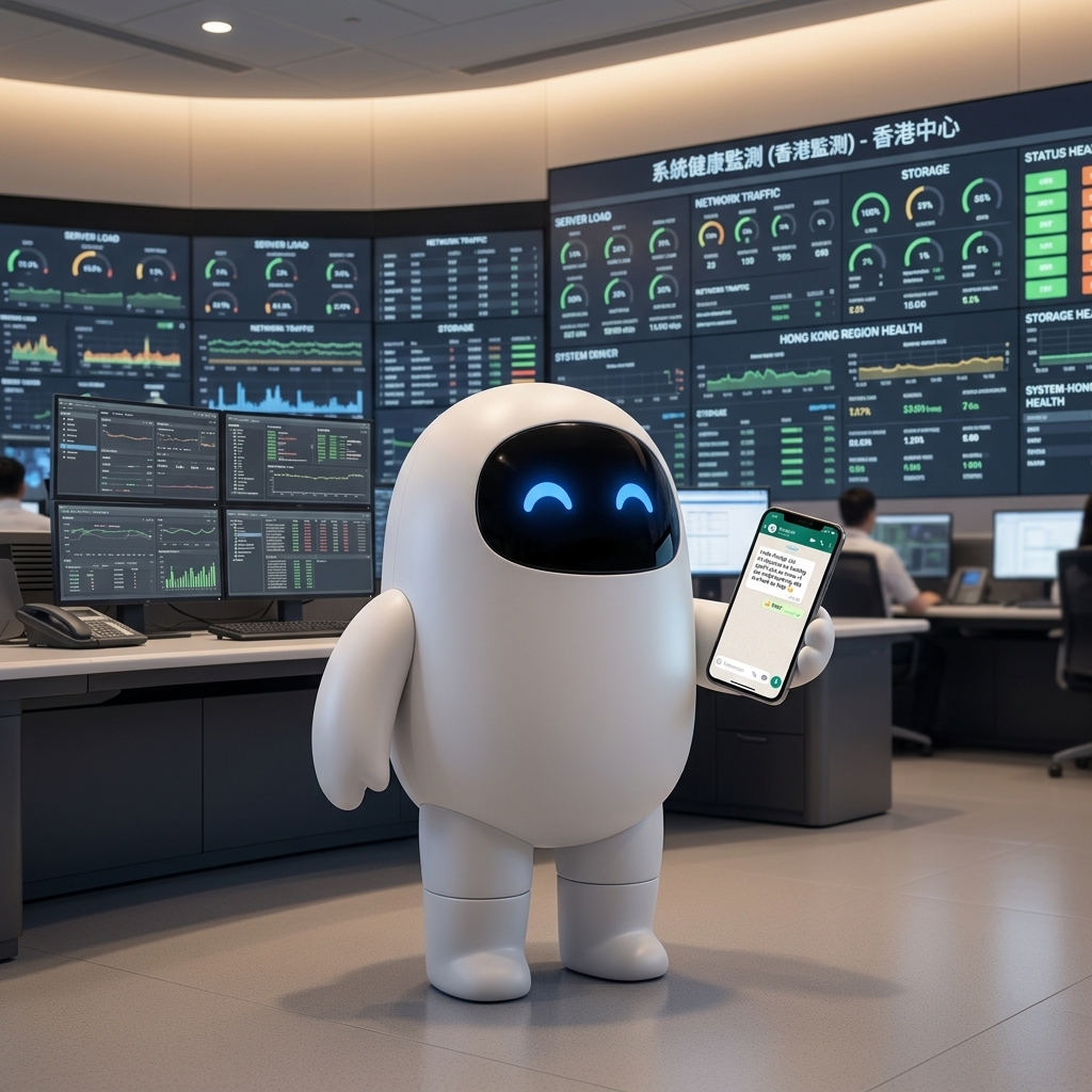 Pocky in a control room watching system-health dashboards while replying to a WhatsApp support message