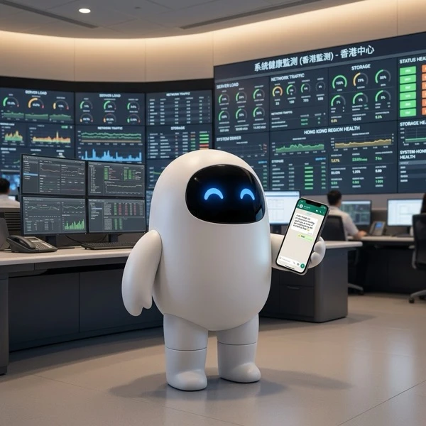 Pocky in a control room watching system-health dashboards while replying to a WhatsApp support message