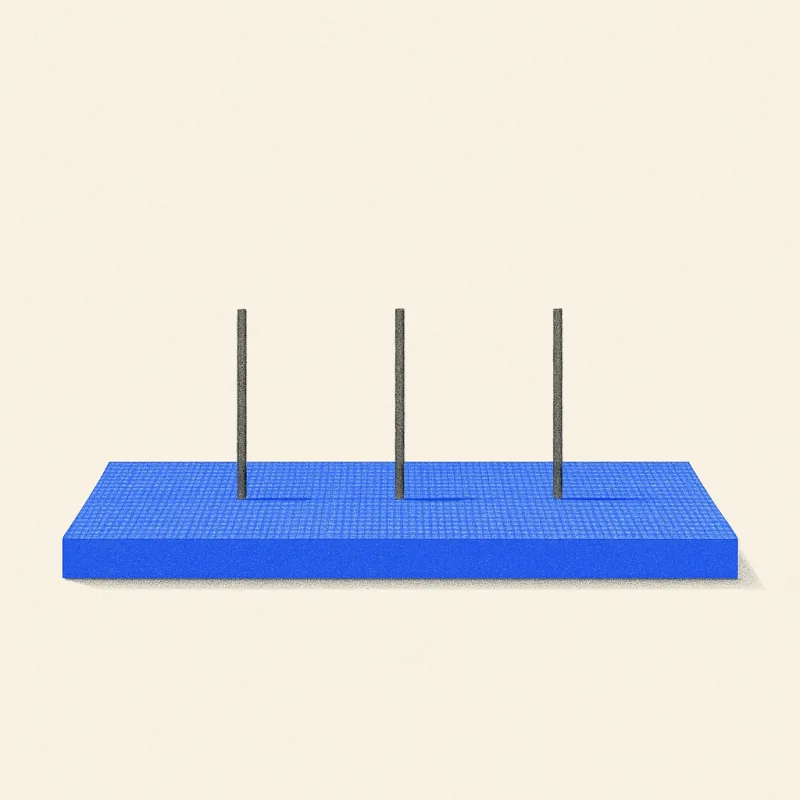 Editorial illustration: an electric-blue gridded foundation slab