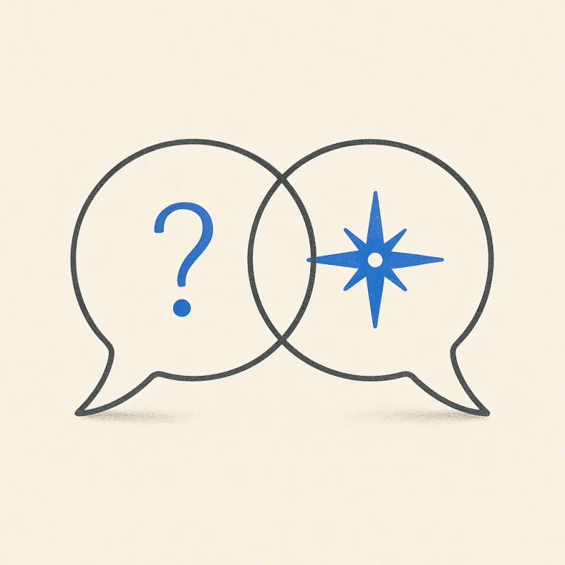 Editorial illustration: two speech bubbles meeting, one with a question mark, one with a compass star