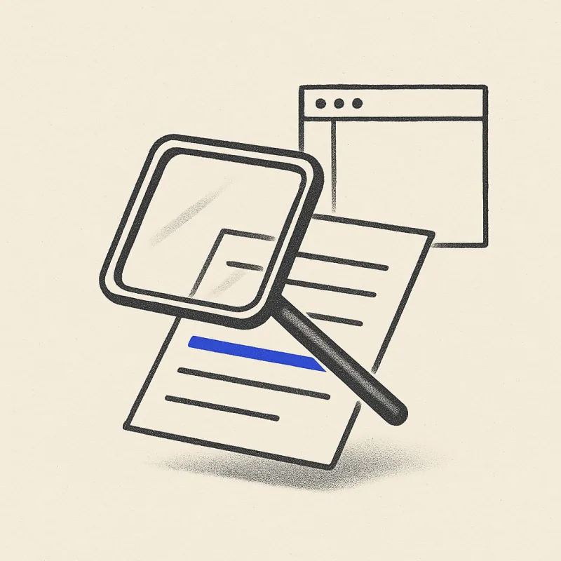 Editorial illustration: a magnifying lens over a stylized document with one highlighted blue line, alongside a small prototype window