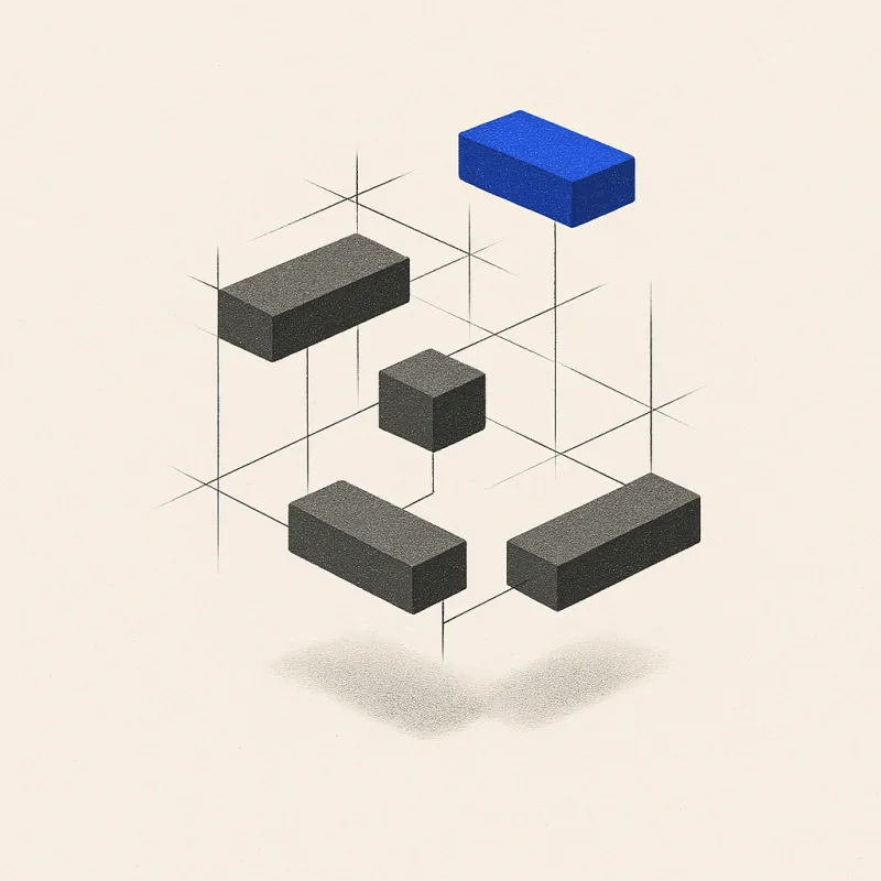Editorial illustration: geometric building blocks assembling mid-air into a system diagram with thin scaffolding lines
